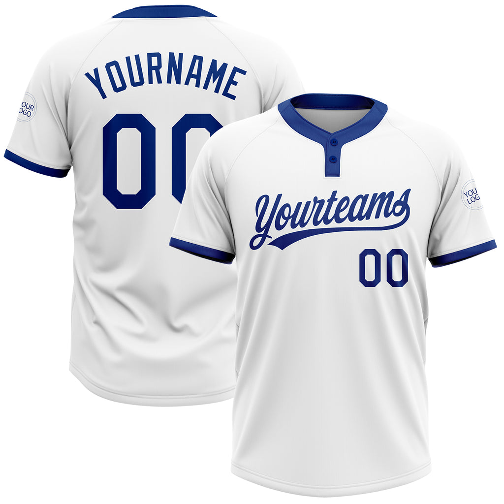 Custom White Royal Two-Button Unisex Softball Jersey