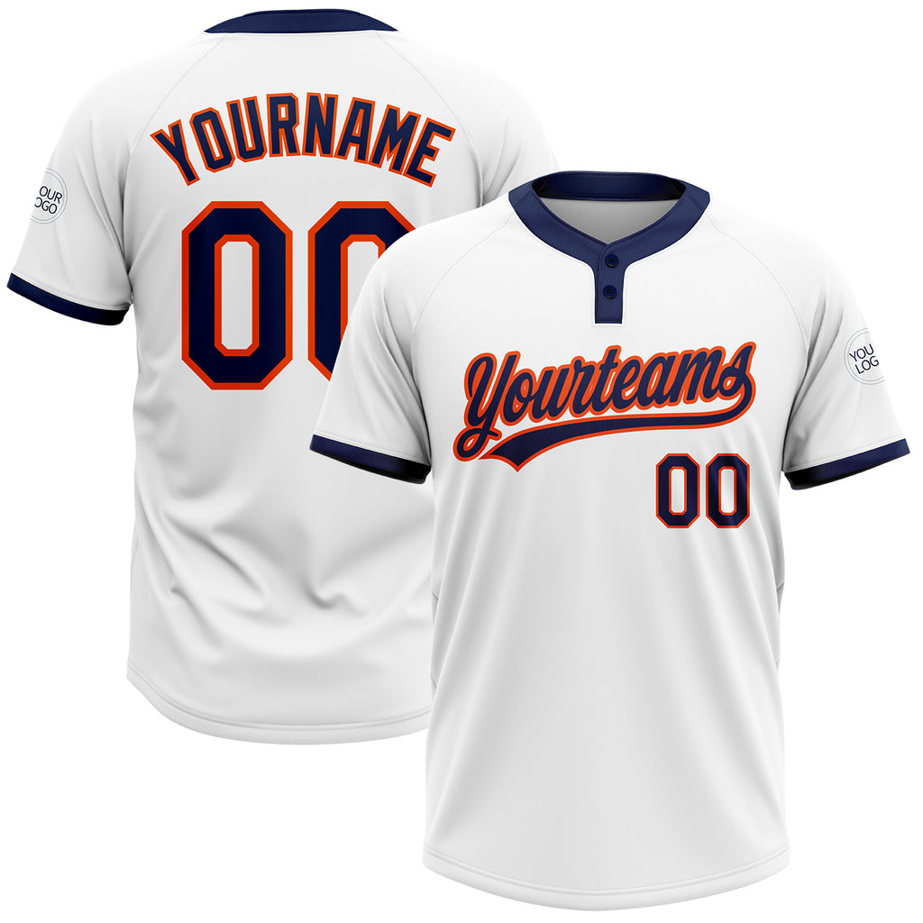 Custom White Navy-Orange Two-Button Unisex Softball Jersey