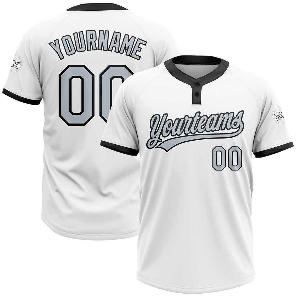 Custom White Silver-Black Two-Button Unisex Softball Jersey