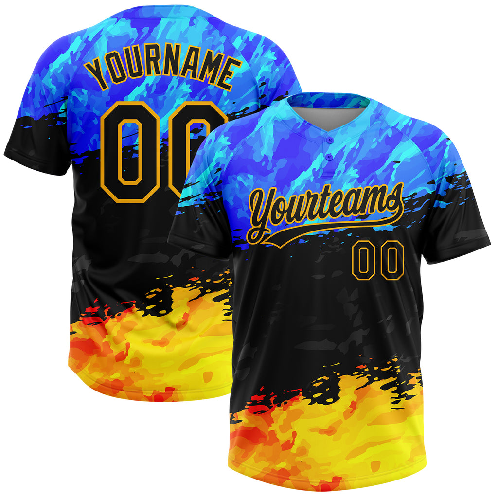 Custom Figure Black Gold-Royal 3D Pattern Two-Button Unisex Softball Jersey