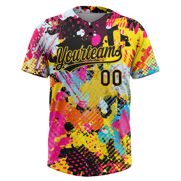 Custom Graffiti Pattern Black-Gold 3D Bright Psychedelic Two-Button Unisex Softball Jersey