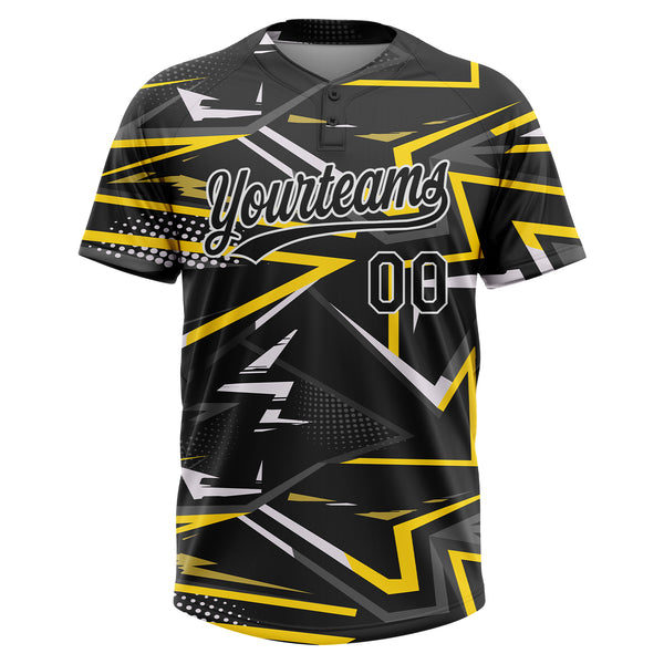 Custom Black Black-Gold 3D Pattern Two-Button Unisex Softball Jersey