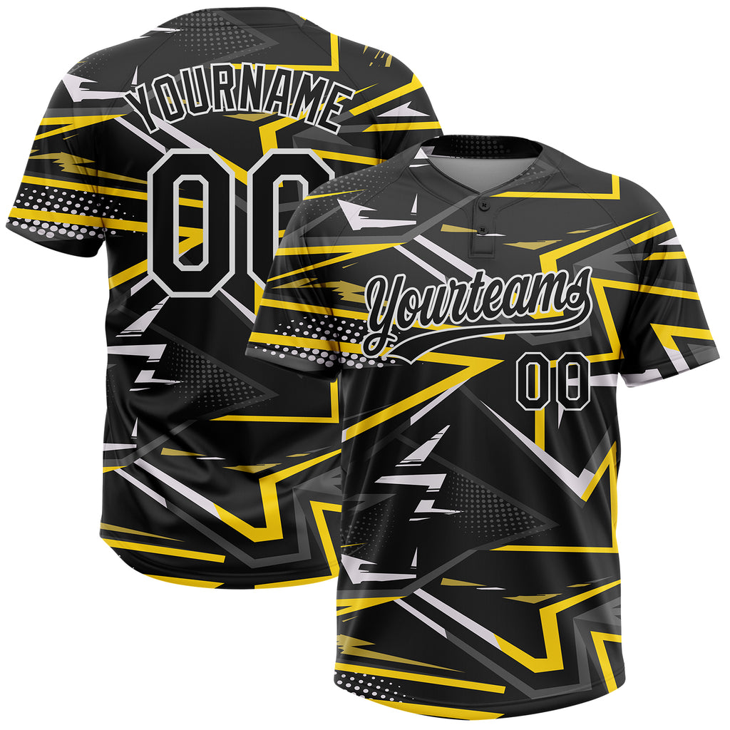 Custom Black Black-Gold 3D Pattern Two-Button Unisex Softball Jersey