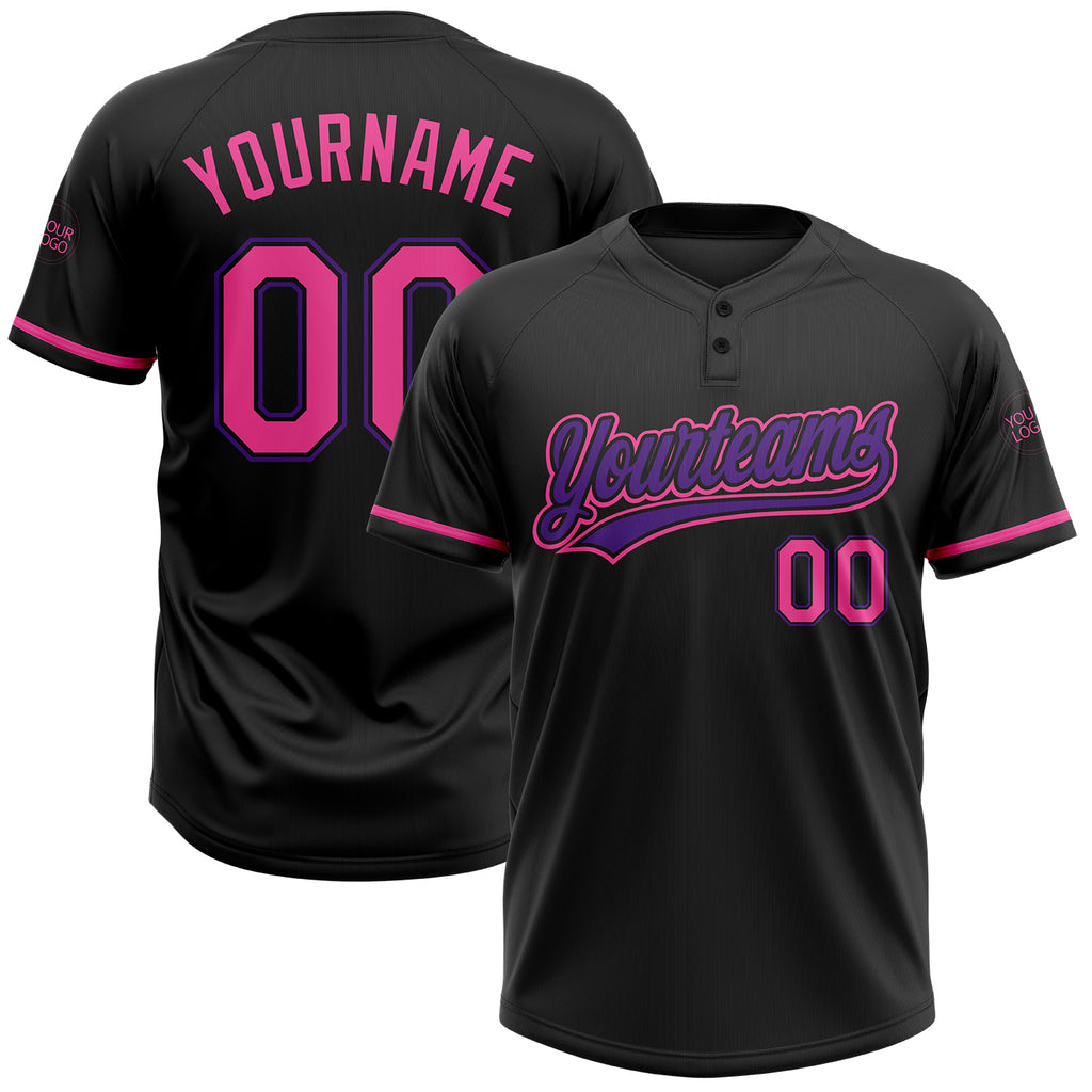 Custom Black Pink-Purple Two-Button Unisex Softball Jersey