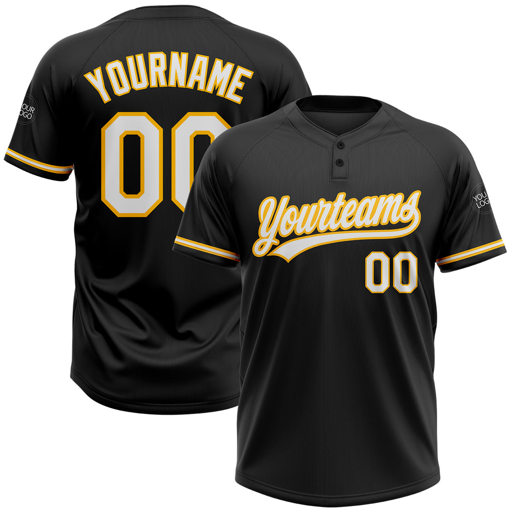 Custom Black White-Gold Two-Button Unisex Softball Jersey