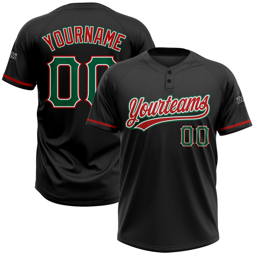 Custom Black Kelly Green-Red Two-Button Unisex Softball Jersey