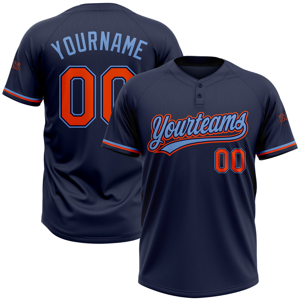 Custom Navy Orange-Powder Blue Two-Button Unisex Softball Jersey