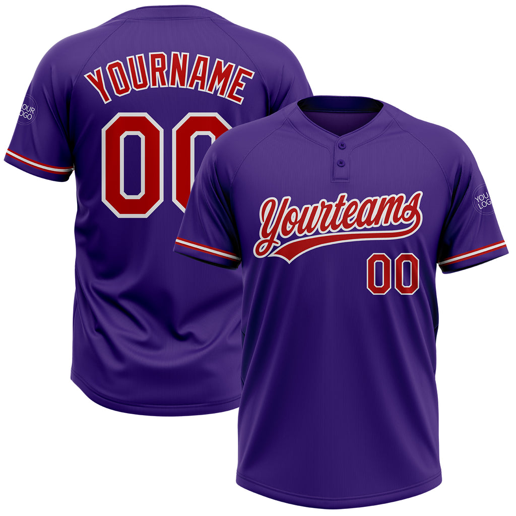 Custom Purple Red-White Two-Button Unisex Softball Jersey