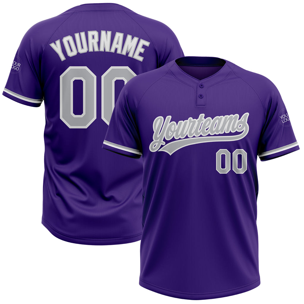 Custom Purple Gray-White Two-Button Unisex Softball Jersey