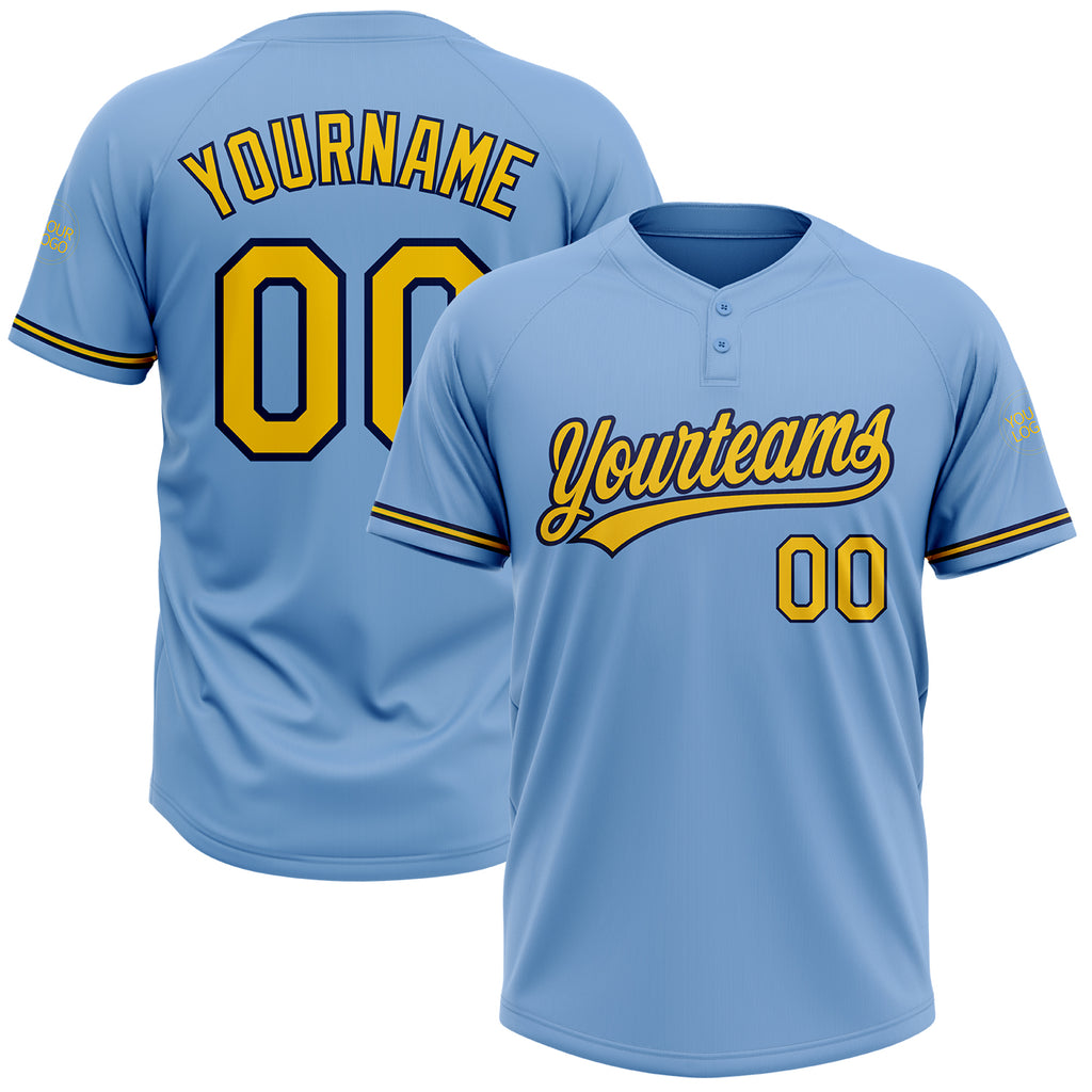 Custom Light Blue Yellow-Navy Two-Button Unisex Softball Jersey