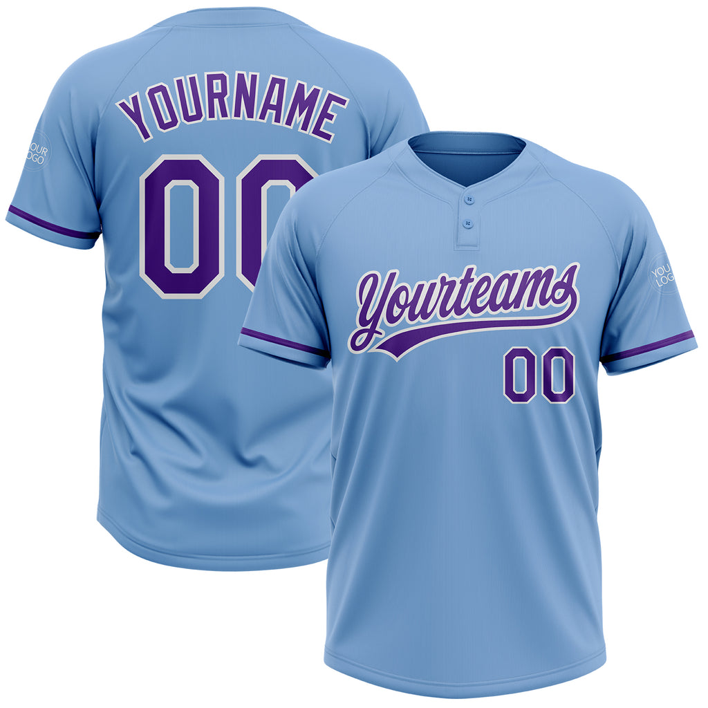 Custom Light Blue Purple-White Two-Button Unisex Softball Jersey