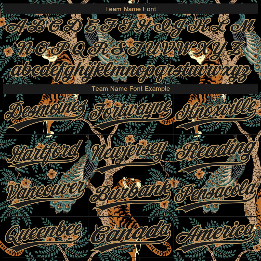 Custom Black Black-Old Gold 3D Pattern Design Tiger And Peacock Authentic  Baseball Jersey