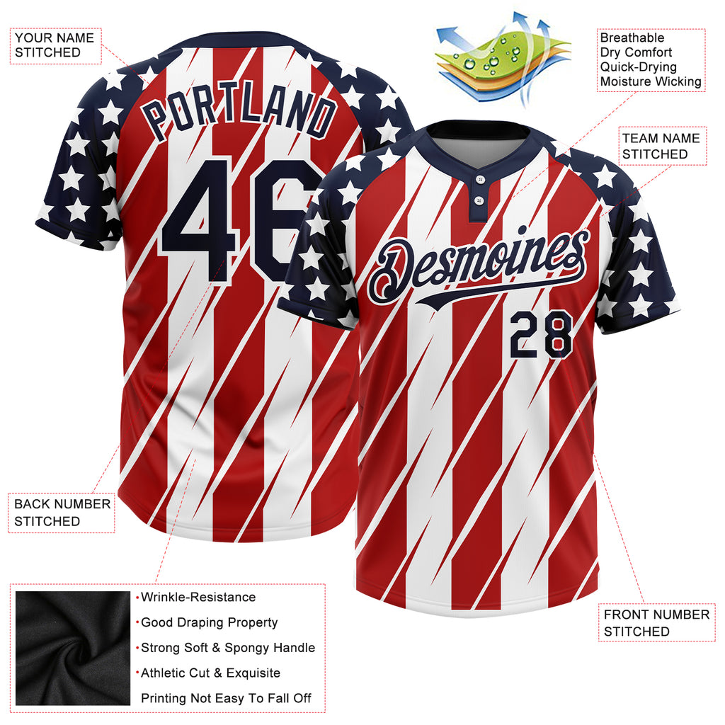 Custom Royal Red-White 3D American Flag Fashion Two-Button Unisex Softball  Jersey