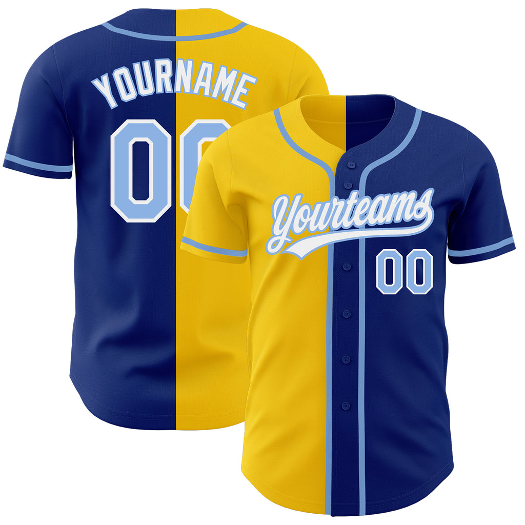 Custom Royal Light Blue-Yellow Authentic Split Fashion Baseball Jersey