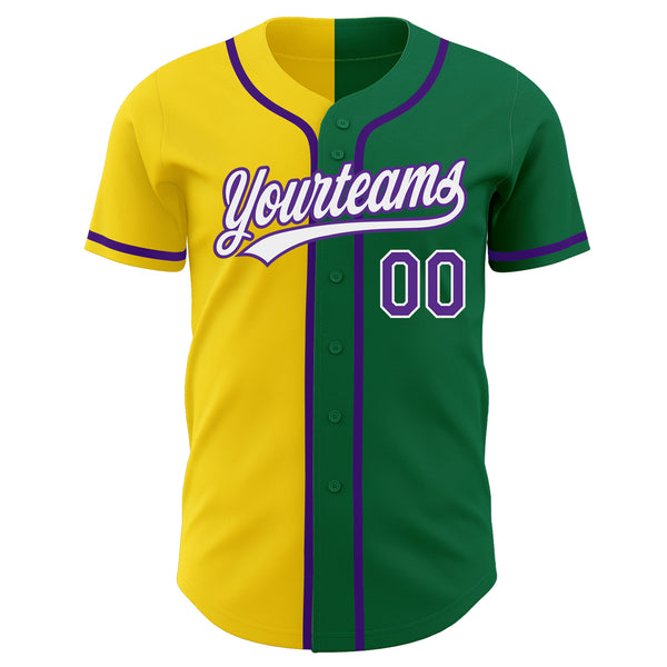 Custom Kelly Green Purple-Yellow Authentic Split Fashion Baseball Jersey