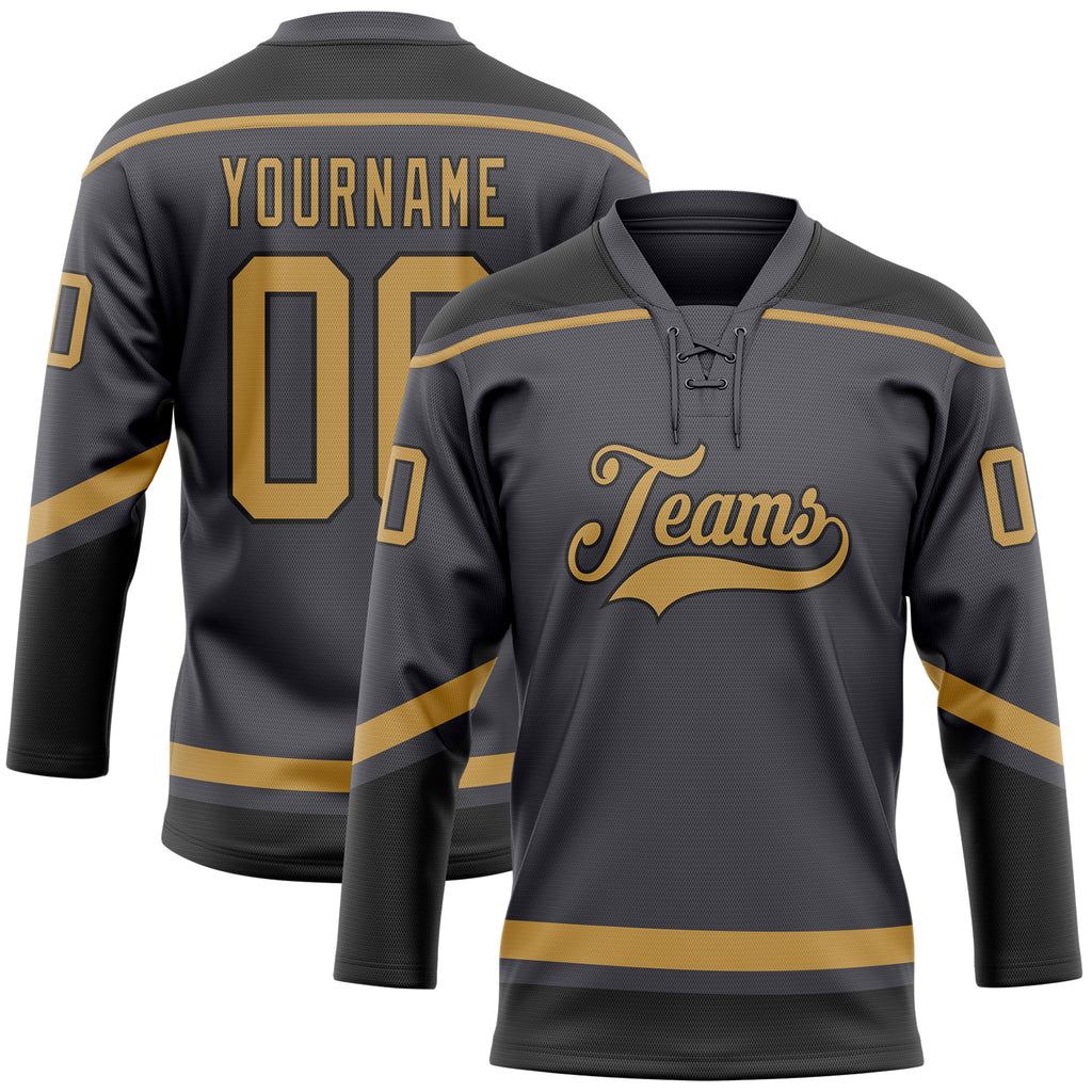 Custom Steel Gray Old Gold-Black Hockey Lace Neck Jersey