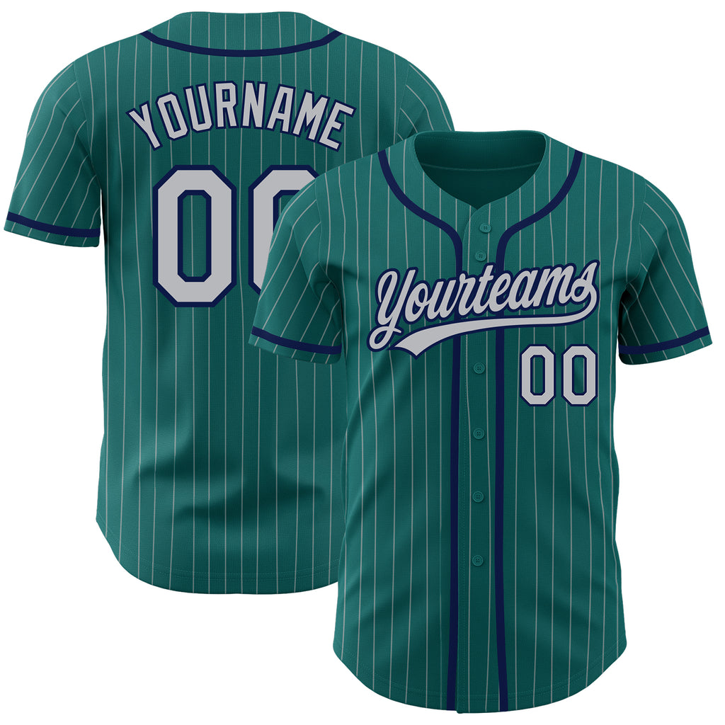 Custom Teal Gray Pinstripe Gray-Navy Authentic Baseball Jersey