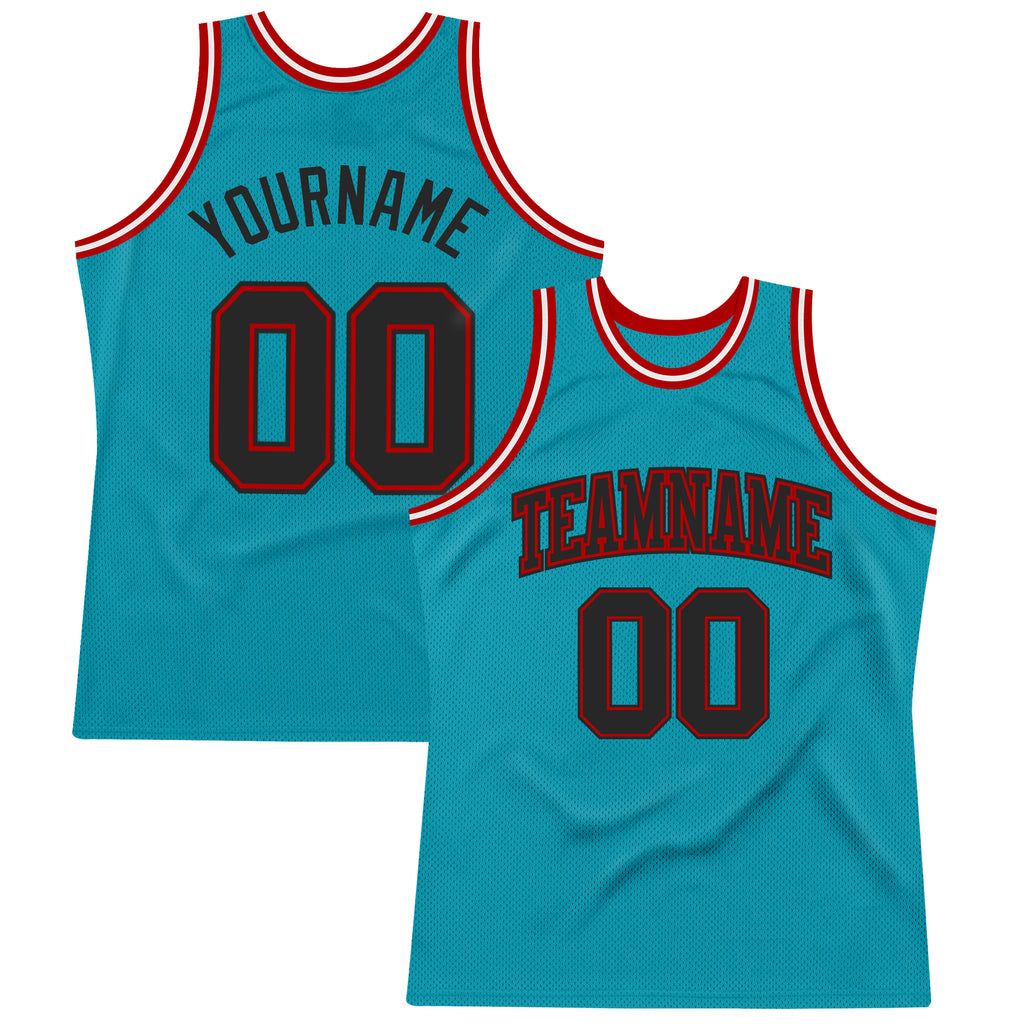 Custom Teal Black-Red Authentic Throwback Basketball Jersey