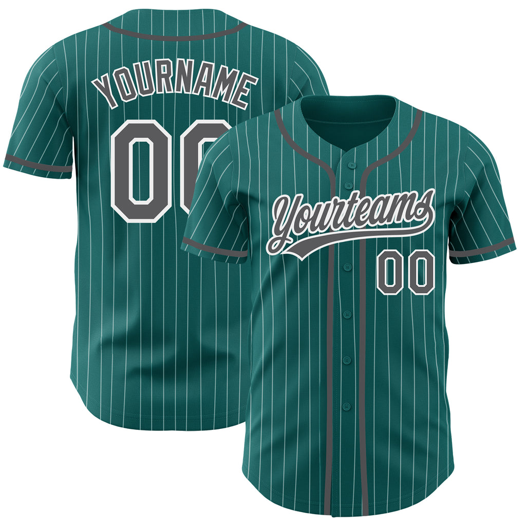 Custom Teal White Pinstripe Steel Gray Authentic Baseball Jersey