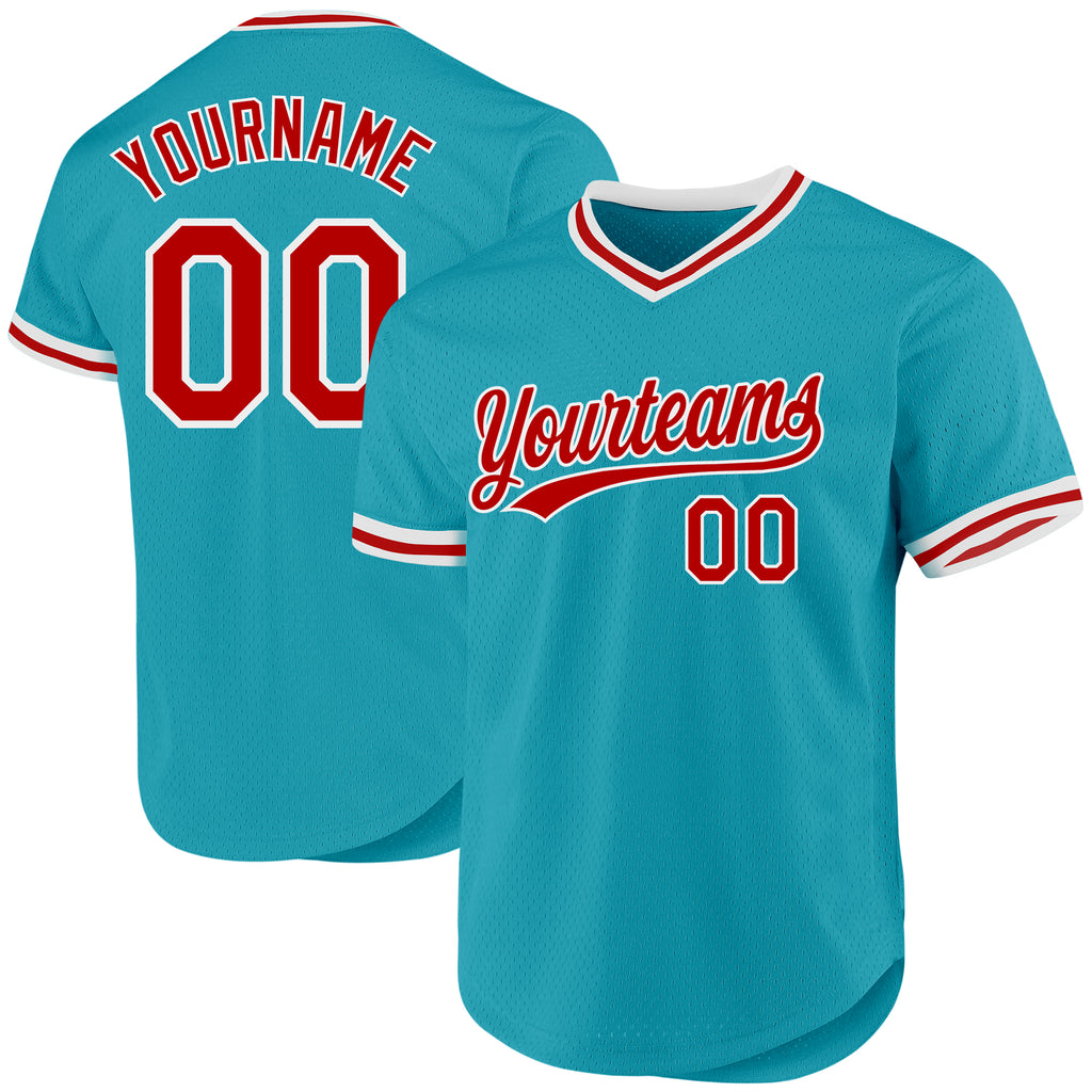 Custom Teal Red-White Authentic Throwback Baseball Jersey