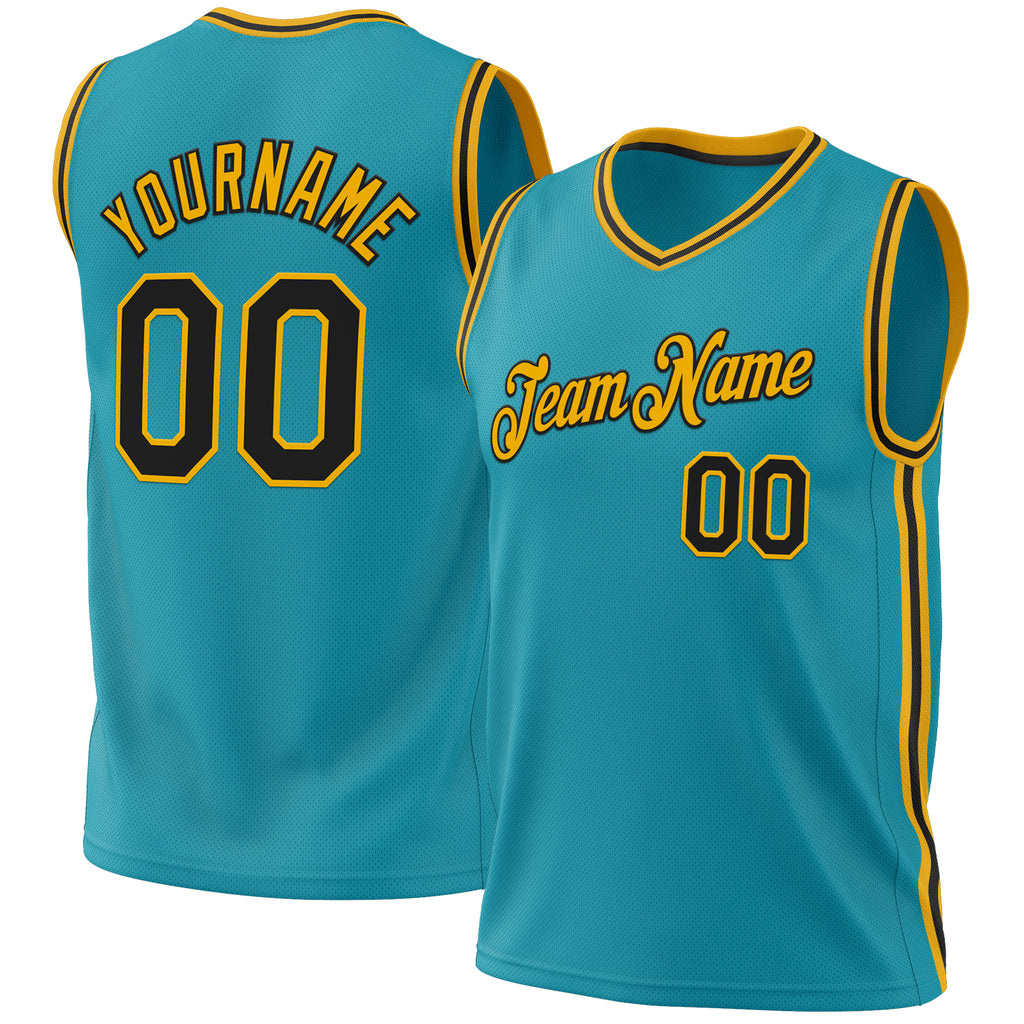 Custom Teal Black-Gold Authentic Throwback Basketball Jersey