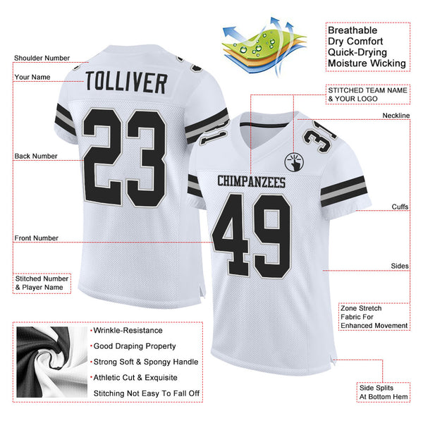 Custom White Black-Gray Mesh Authentic Football Jersey