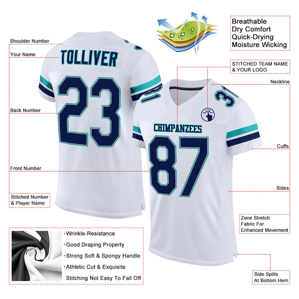 Custom White Navy-Aqua Mesh Authentic Football Jersey