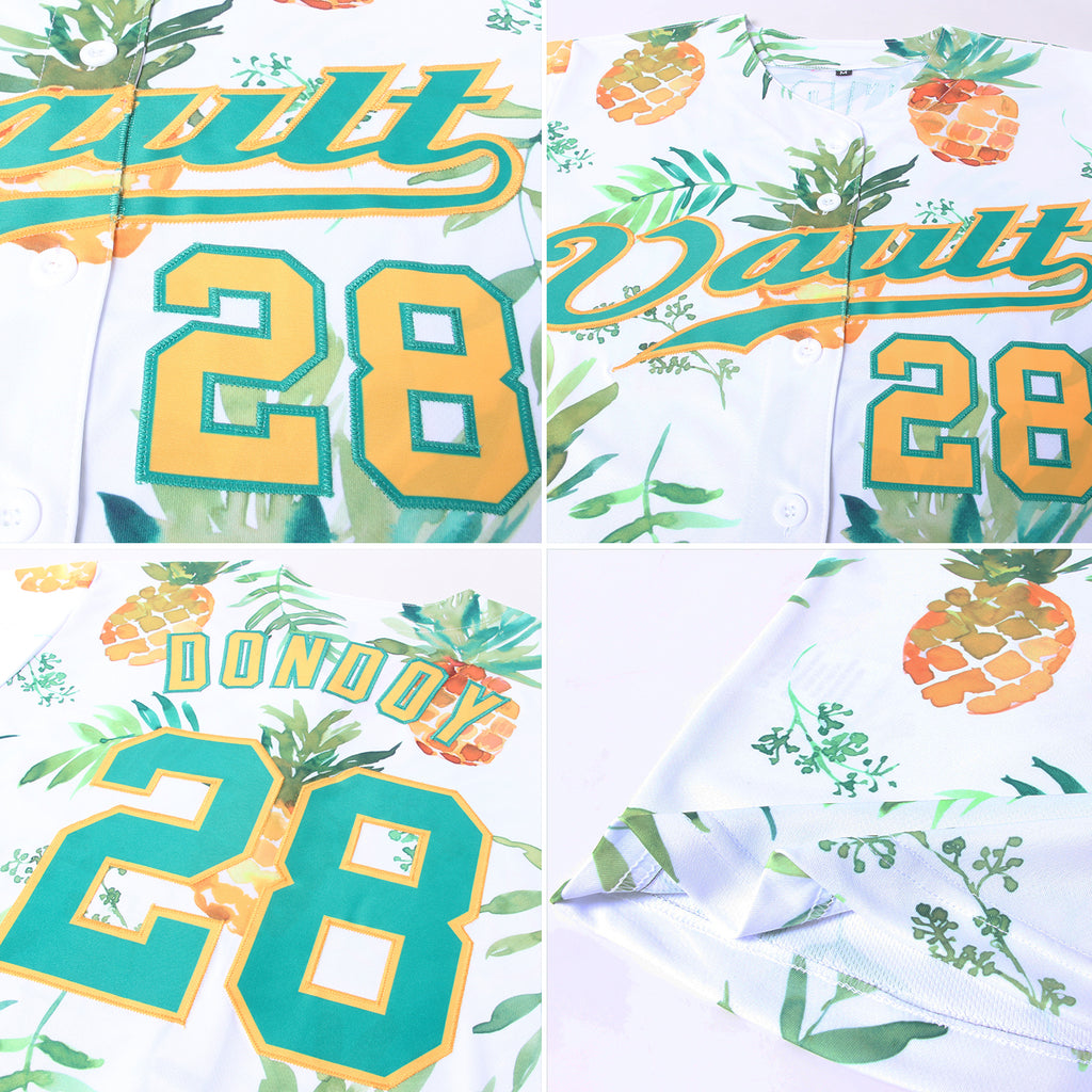 Custom White Powder Blue-Gold 3D Pattern Design Hawaii Palm Leaves and Flowers Authentic Baseball Jersey Men's Size:3XL