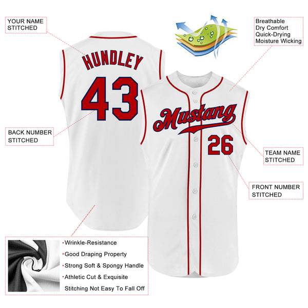 Custom White Red-Navy Authentic Sleeveless Baseball Jersey