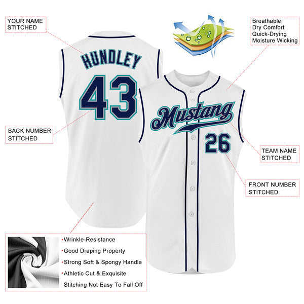 Custom White Navy-Teal Authentic Sleeveless Baseball Jersey