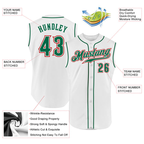 Custom White Kelly Green-Red Authentic Sleeveless Baseball Jersey