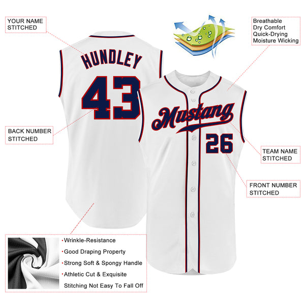 Custom White Navy-Red Authentic Sleeveless Baseball Jersey