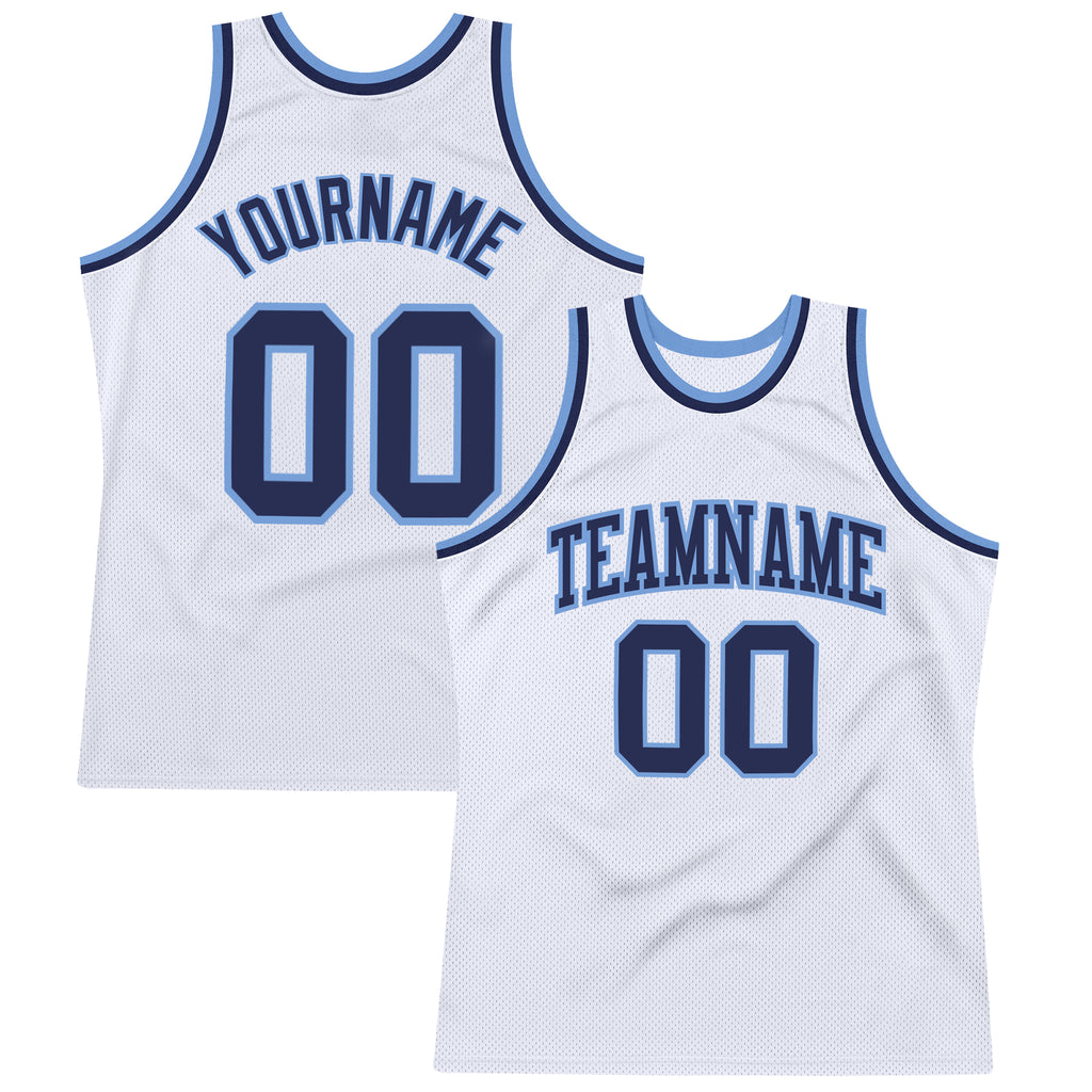 Custom White Navy-Light Blue Authentic Throwback Basketball Jersey