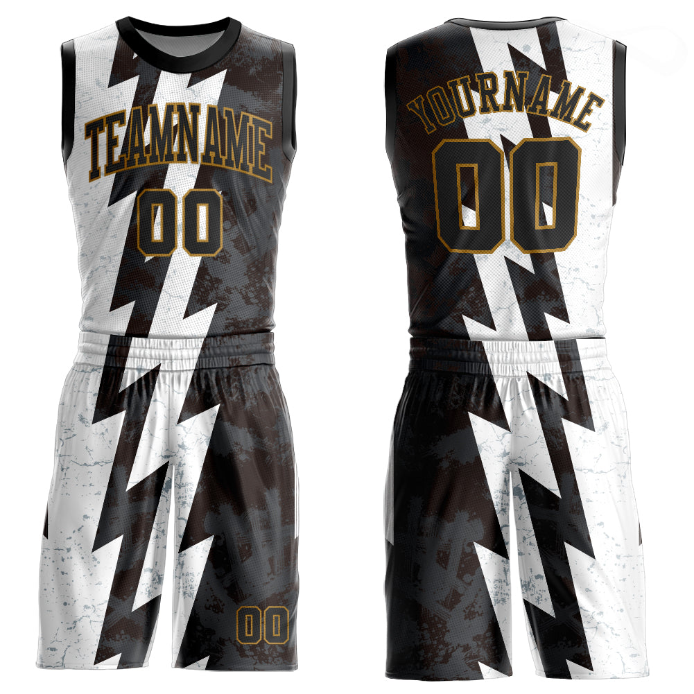 Custom White Black-Old Gold Round Neck Sublimation Basketball Suit Jersey