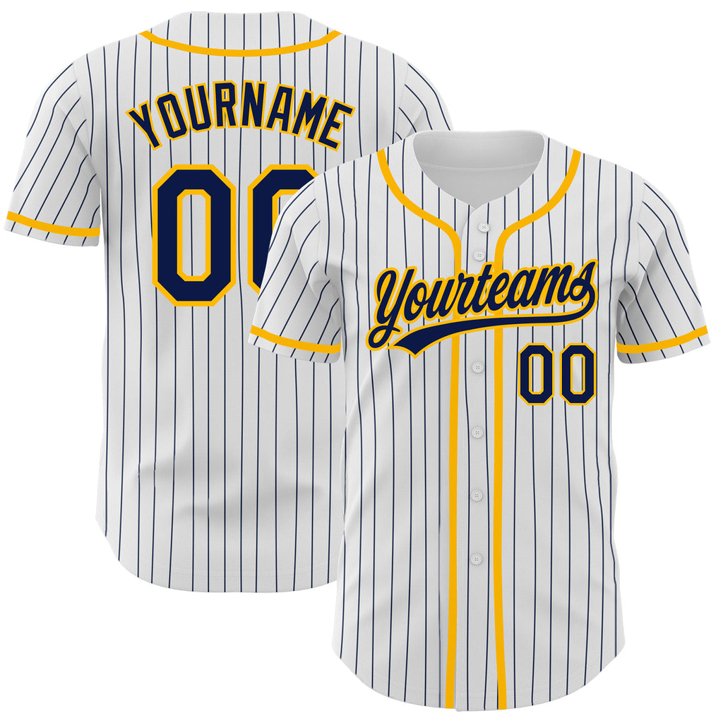 Custom White Navy Pinstripe Navy-Gold Authentic Baseball Jersey