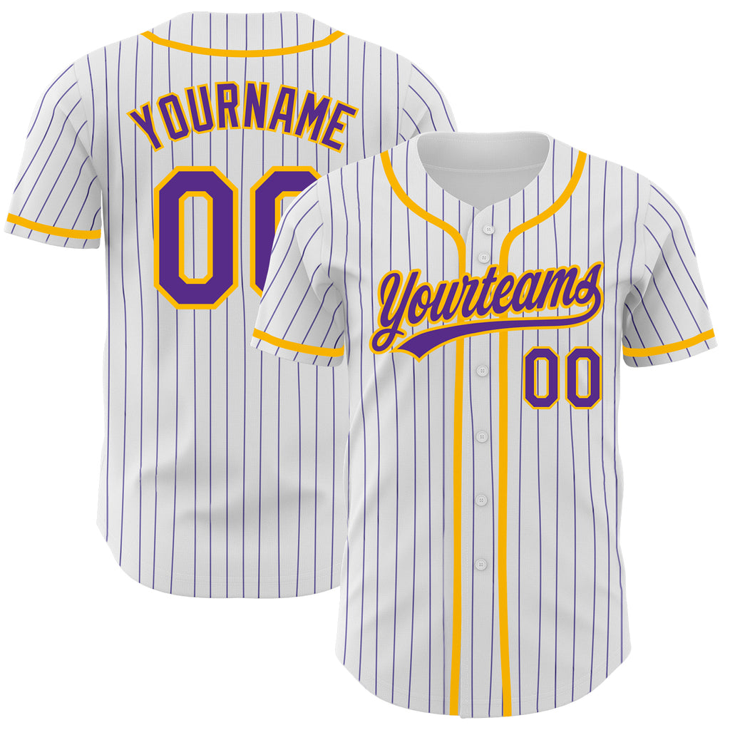 Custom White Purple Pinstripe Purple-Gold Authentic Baseball Jersey