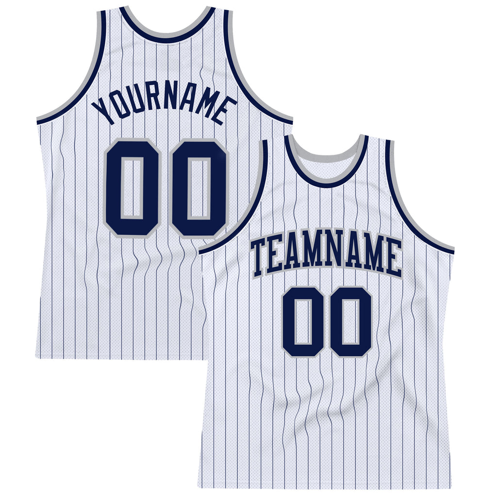 Custom White Navy Pinstripe Navy-Gray Authentic Basketball Jersey