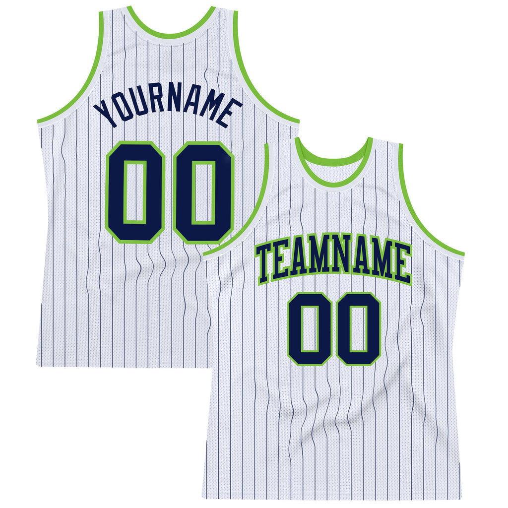 Custom White Navy Pinstripe Navy-Neon Green Authentic Basketball Jersey