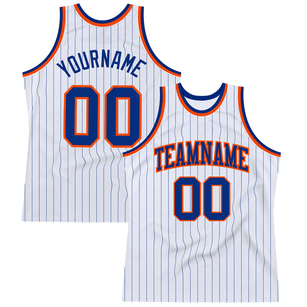 Custom White Royal Pinstripe Royal-Orange Authentic Basketball Jersey