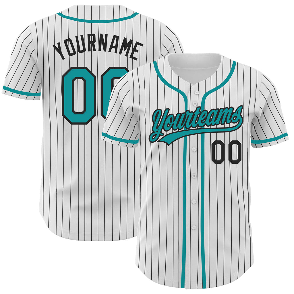 Custom White Black Pinstripe Teal Authentic Baseball Jersey