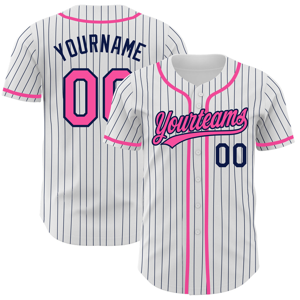 Custom White Navy Pinstripe Pink Authentic Baseball Jersey