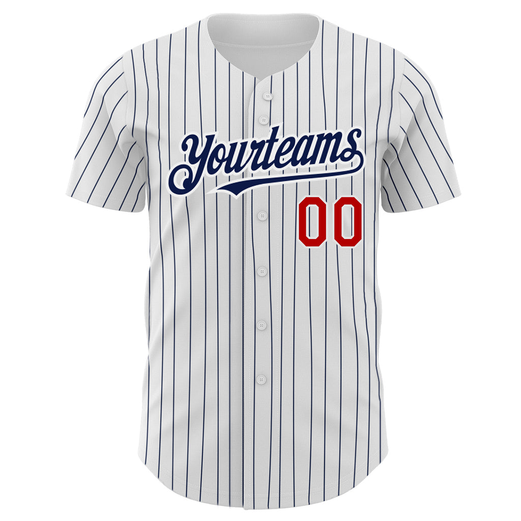 Custom White Navy Pinstripe Red-Navy Authentic Baseball Jersey XS