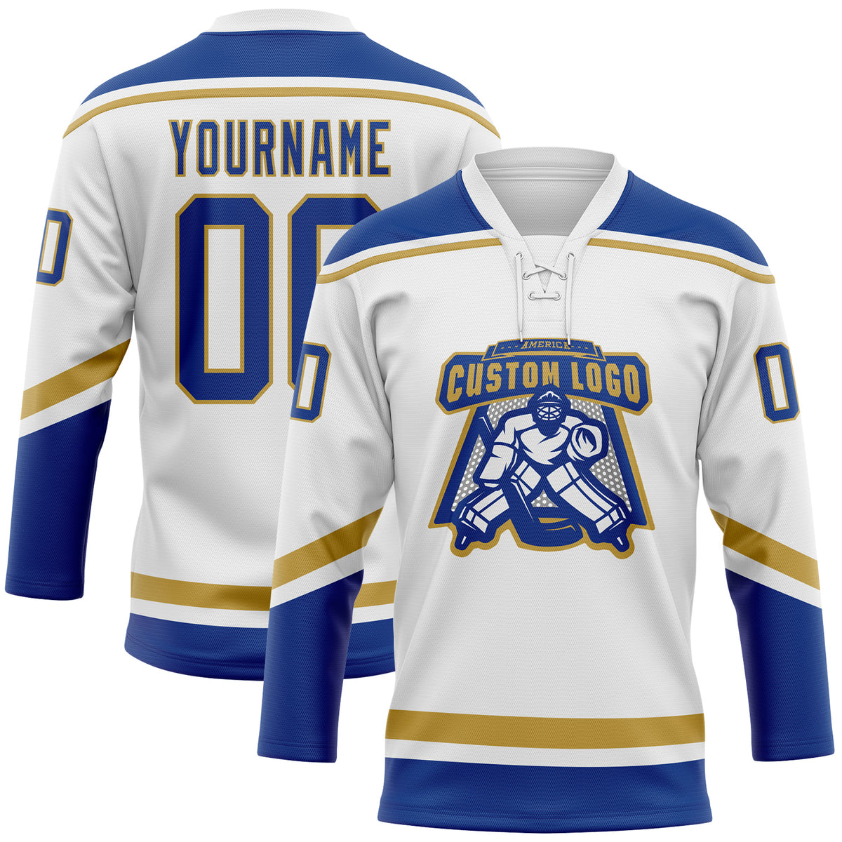 Custom White Royal-Old Gold Hockey Lace Neck Jersey Free Shipping – Fiitg