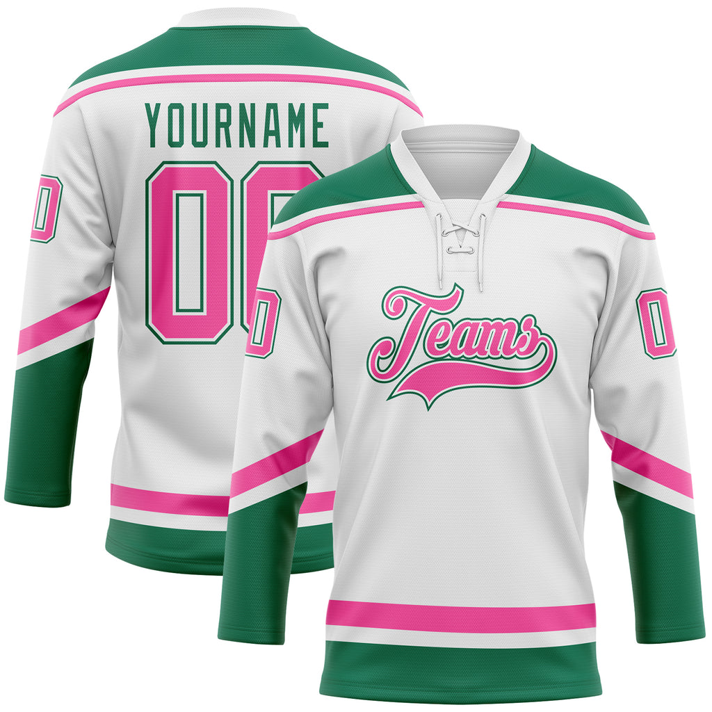 Custom White Pink-Kelly Green Hockey Lace Neck Jersey