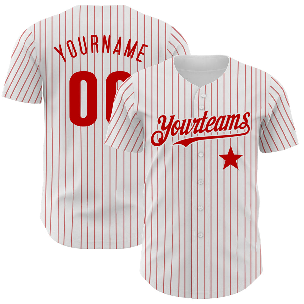 Custom White Red Pinstripe Authentic Red Star Baseball Jersey