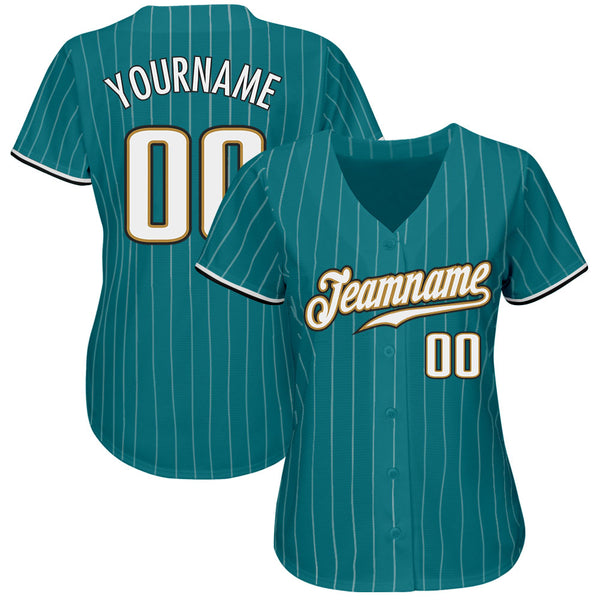 Custom Teal White Pinstripe White-Old Gold Authentic Baseball Jersey