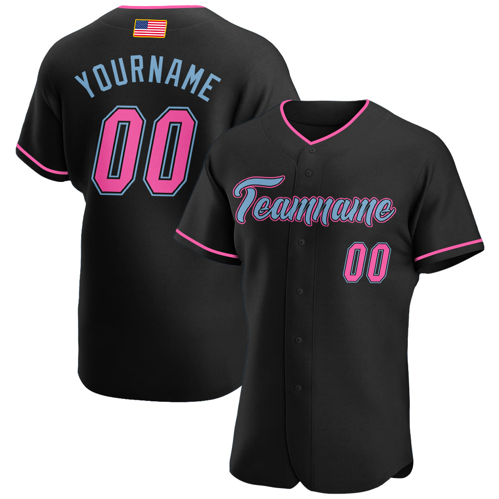 Custom Own Black Pink Light Blue Authentic Baseball Stitched Jersey ...