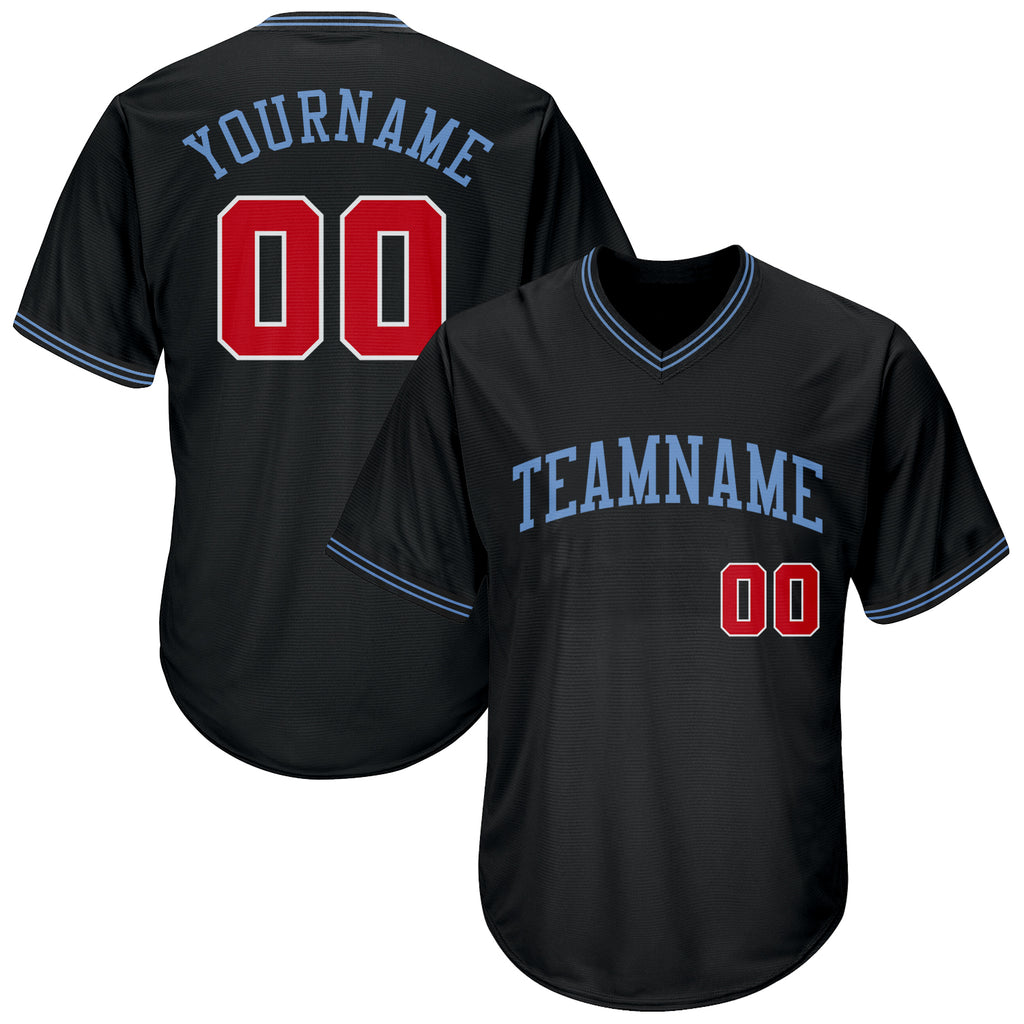 Custom Black Red-Light Blue Authentic Throwback Rib-Knit Baseball Jersey Shirt