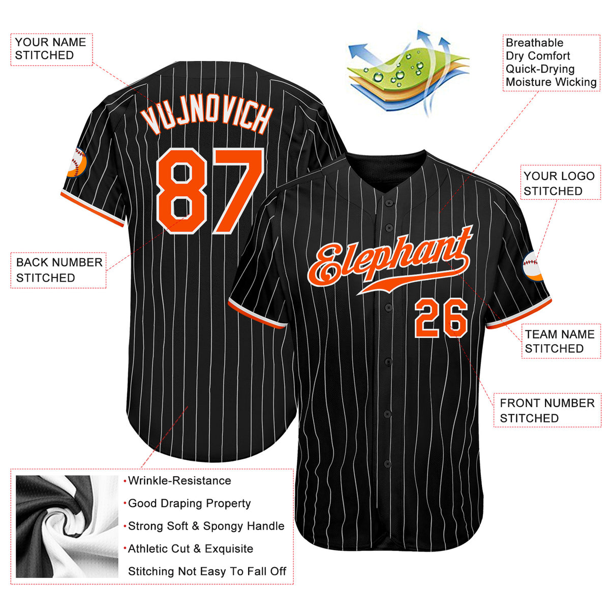 Custom Black White Pinstripe Orange-White Authentic Baseball Jersey ...