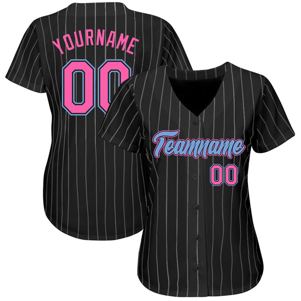 Custom Black White Pinstripe Pink-Light Blue Authentic Baseball Jersey